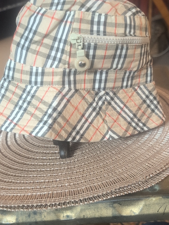 Plaid Bucket Hat with Zip Pocket - Beige Black Red, Reverses To Tan